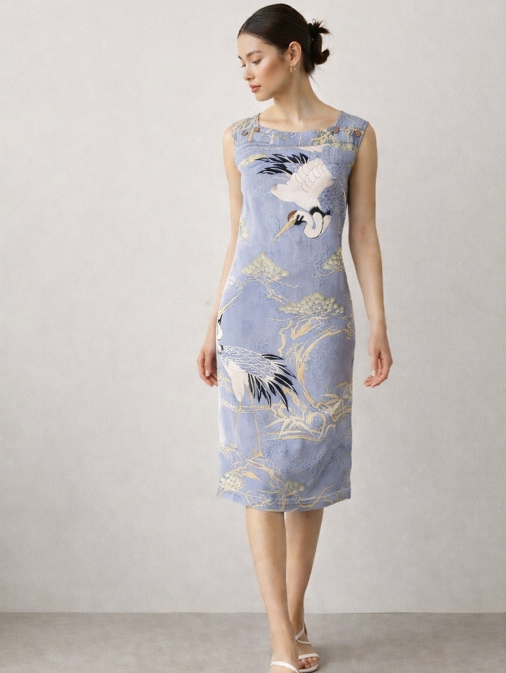 Y2K Citron Silk Blue Crane Print Shift Dress Size Small Art To Wear Museumcore